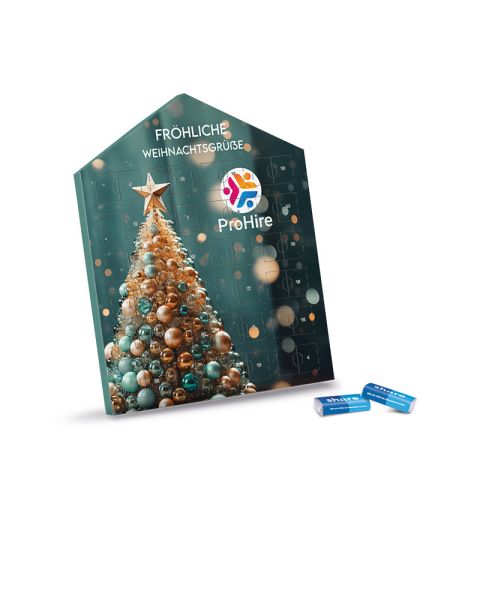 Advent calendar house with share chocolate bars in glassine paper and advertising print