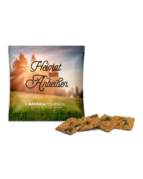 Wholemeal cheese and pumpkin seed snack in promotional bags with customised printing