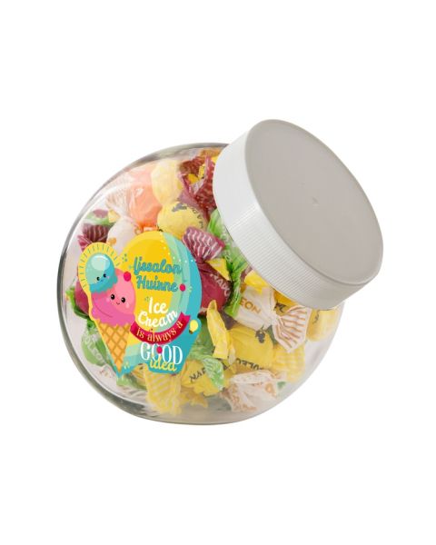 0.9 litre Slanted Jar with white lid filled with Napoleon fruit mix and promotional label