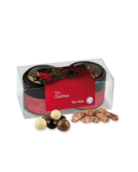 Knusper Weihnachtsset mit feuergebrannten Mandeln und Knusperkugeln im Mix in Metalldose mit Werbebanderole