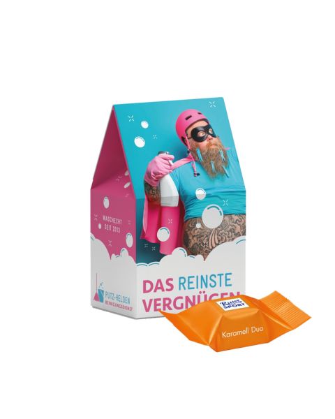 Standbodenbox mit Ritter SPORT Schokowürfel Karamell Dou und Werbedruck