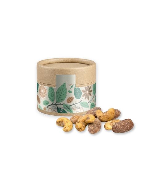 Organic cinnamon almond vanilla cashew mix in mini kraft paper tin with promotional sleeve