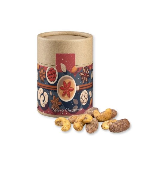 Organic cinnamon, almond, vanilla and cashew mix in a medium kraft paper tin with promotional sleeve