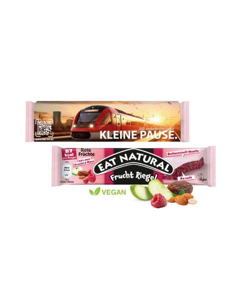 Veganer EAT NATURAL Frucht Riegel in einem individuell bedruckbaren Werbeschuber