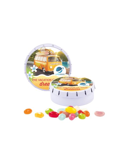 XS spring lid tin with jelly beans and logo print