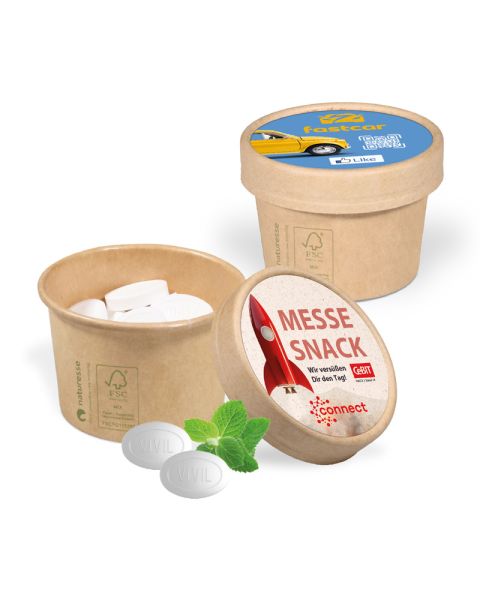 Paper box with VIVIL peppermint pastilles and a promotional insert in the lid