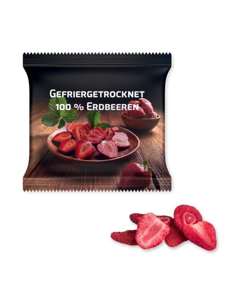 15 g organic freeze-dried strawberries in a promotional bag with promotional print