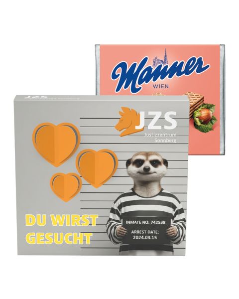 Manner Waffeln in einer Präsentbox mit einer 3D-Herz-Ausstanzung und Werbedruck