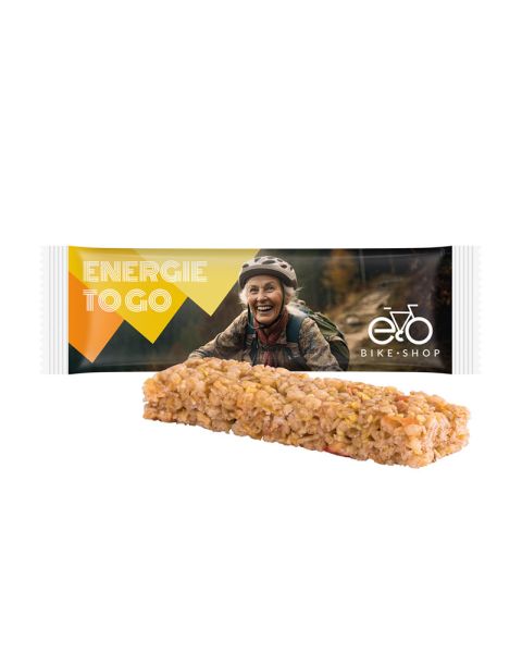 Multi-grain apple muesli bar in recyclable paper flow pack with promotional print