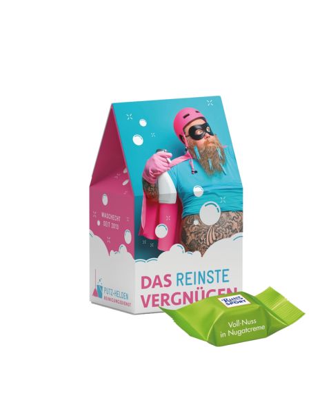 Standbodenbox mit Ritter SPORT Schokowürfel Vollnuss Nougatcreme und Werbedruck
