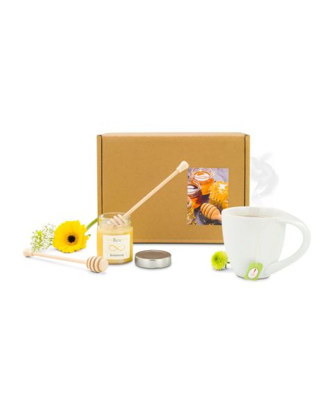 Präsent 170 g Blütenhonig mit Tasse und Honiglöffel