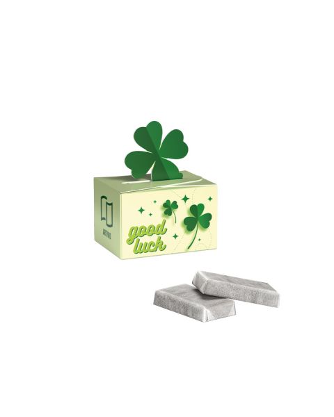 Schokotäfelchen mit Pergaminpapier in Geschenkbox mit Kleeblatt und Werbedruck