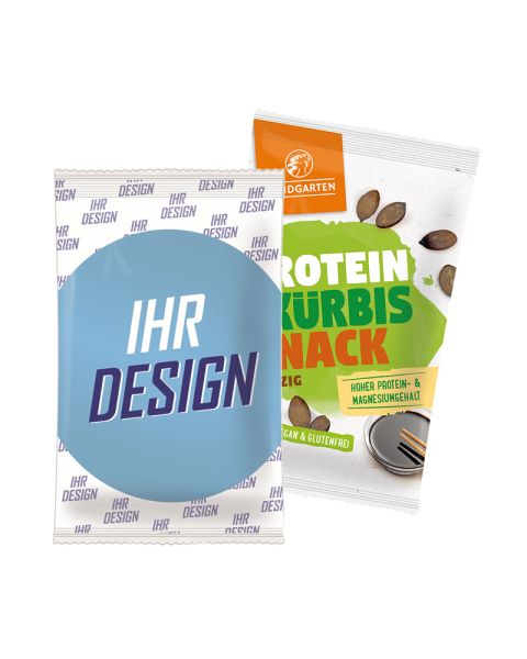 50 g LANDGARTEN Bio Protein Kürbis Snack würzig im Papiertütchen mit Werbedruck