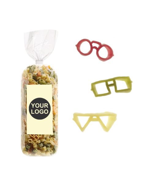 250 g Werbe-Nudeln in Brillen-Form im Standbeutel mit Werbeetikett