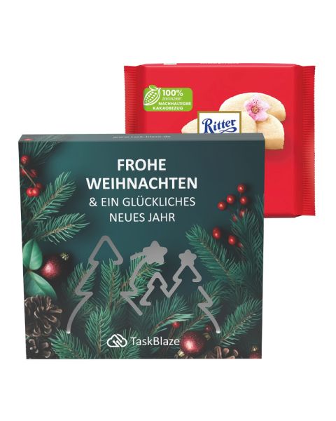 Ritter SPORT Marzipan Schokolade in einer Präsentbox mit einer Wald-Ausstanzung und Werbedruck