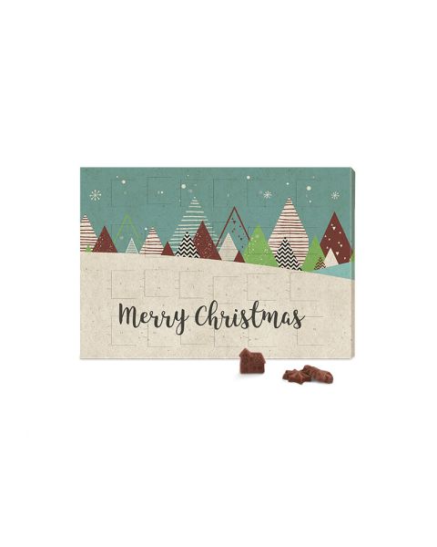 Classic wall advent calendar in landscape format made of grass paper with chocolate bars and advertising print