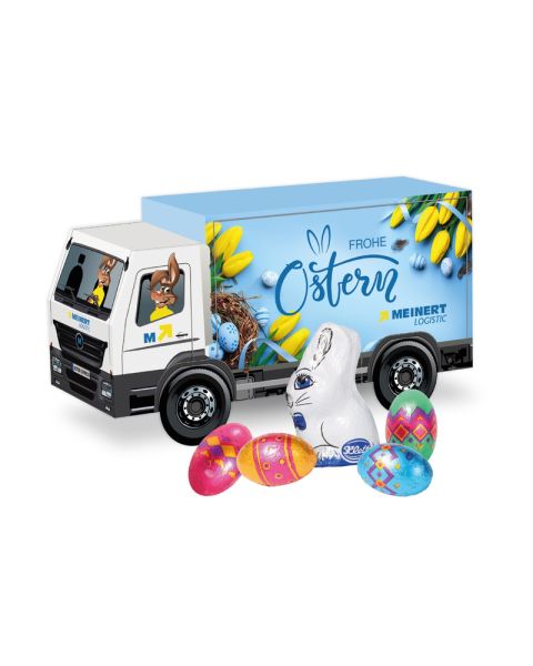 3D Präsent LKW Ostern mit Schokoladenmischung von Klett und Werbedruck