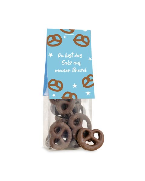 Snack bag of chocolate-coated salted pretzels with advertising tag