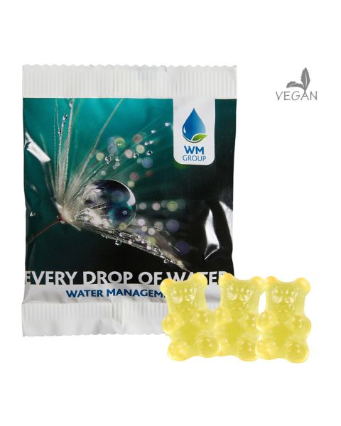 20 g vegane gelbe Gummibärchen (Zitrone) im kompostierbaren Werbetütchen mit Werbedruck