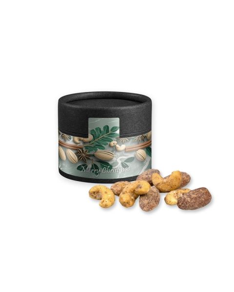 Organic cinnamon almond vanilla cashew mix in mini black kraft paper box with promotional sleeve