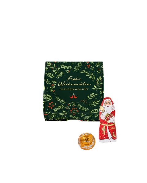 Werbebox mit Lindt und Lindt LINDOR Weihnachtsmischung und Werbedruck