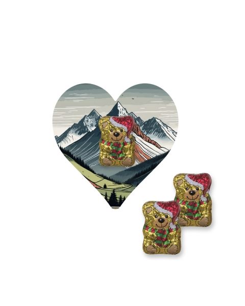 Schoko-Weihnachtsbärchen auf Mini Herzform-Flyer mit Werbedruck