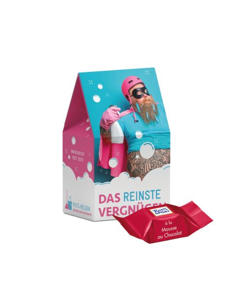 Standbodenbox mit Ritter SPORT Schokowürfel Mousse au Chocolate und Werbedruck