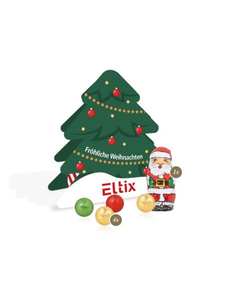 Präsent Tannenbaum mit Fairtrade Schokolade und Rundum-Werbedruck