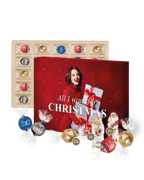 285 g Advent calendar with Lindt chocolate assortment with paper fibre inlay and advertising print all around