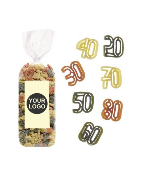 250 g Werbe-Nudeln Jubiläumszahlen im Standbeutel mit Werbeetikett