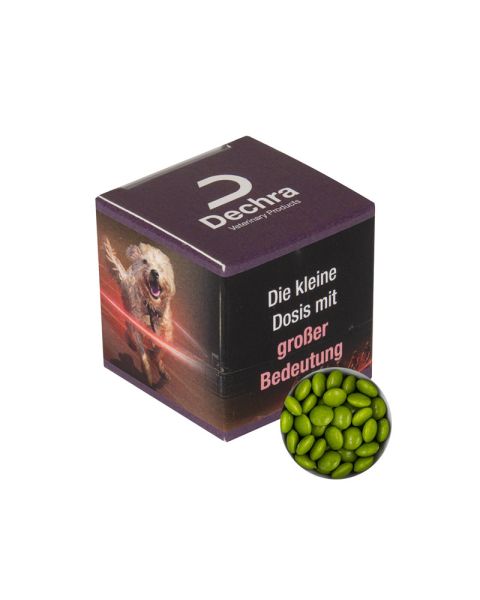 Promotional cube with green chocolate lentils and promotional print