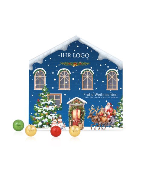 Advent calendar Christmas house with Fairtrade chocolate and all-round advertising print