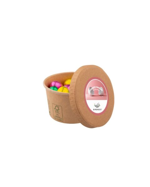 Chocolate Easter eggs in paper cups with promotional label on the lid
