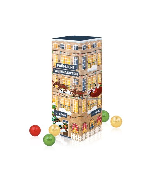 Advent calendar tower with Fairtrade chocolate and all-round advertising print