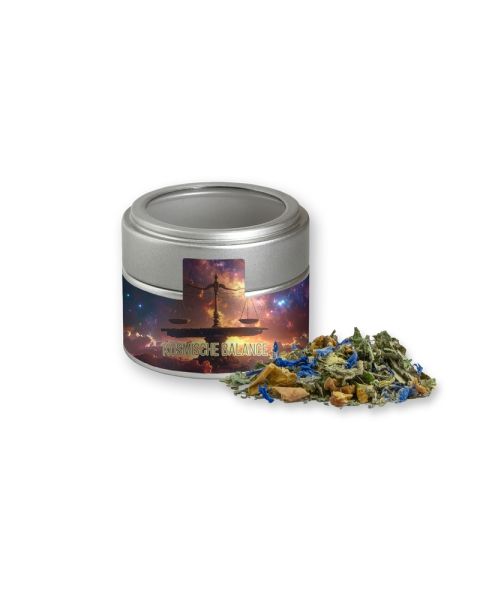17 g Kräutertee Harmonie in silbener Mini Metalldose mit Sichtfenster und Werbebanderole