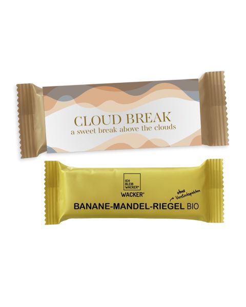 Veganer Bio Banane-Mandel-Riegel im Schuber mit Werbedruck