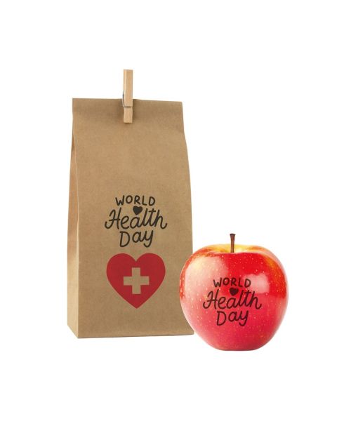1 high-quality red apple in a paper bag with standard World Health Day print