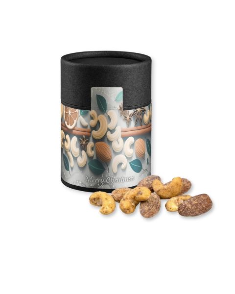 Organic cinnamon, almond, vanilla and cashew mix in a medium black kraft paper box with promotional sleeve