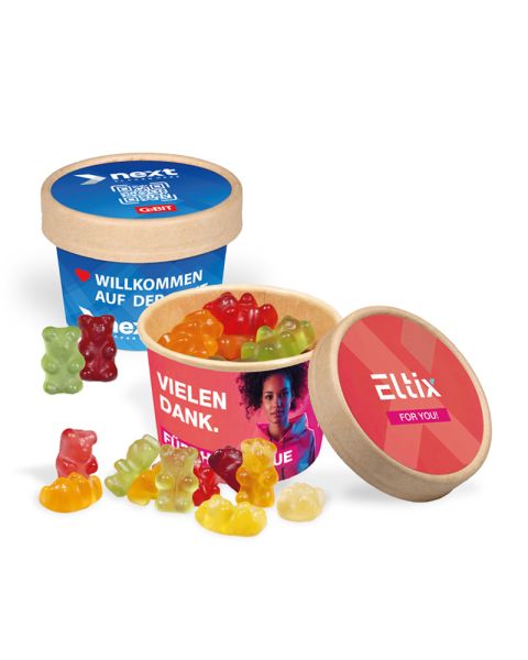 Paper box with premium fruit gums with promotional insert and promotional sleeve