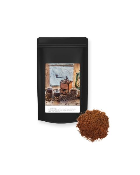 Ground coffee in a black midi stand-up pouch with promotional label