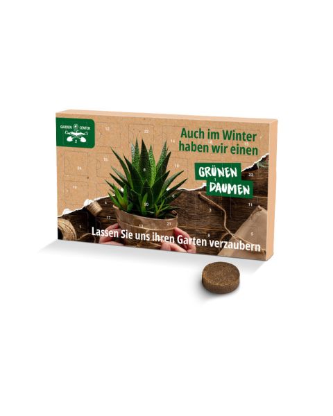 Long Advent calendar with seed packets & substrate tablets and promotional print