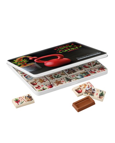 Advent calendar decorative tin with chocolate and advertising print