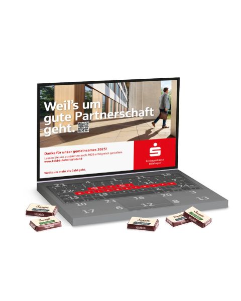 Advent calendar laptop with Sarotti Fairtrade chocolate and all-round advertising print