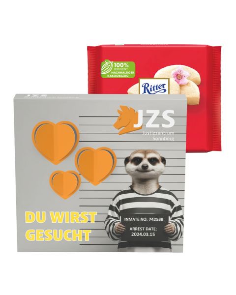 Ritter SPORT Marzipan Schokolade in einer Präsentbox mit einer 3D-Herz-Ausstanzung und Werbedruck