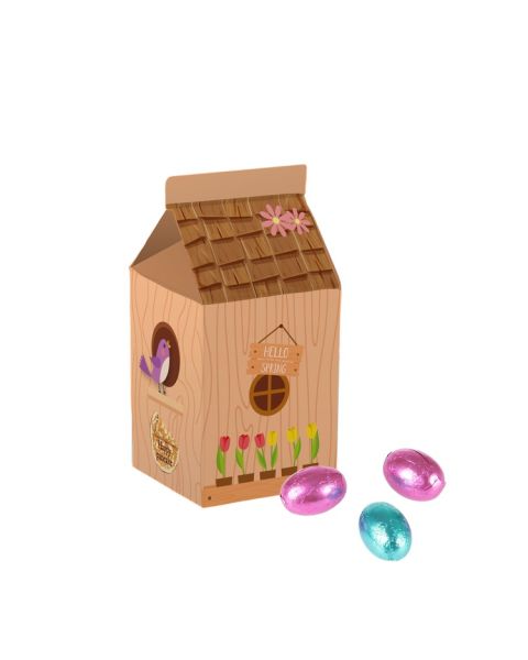 Milk carton with chocolate Easter eggs and promotional print