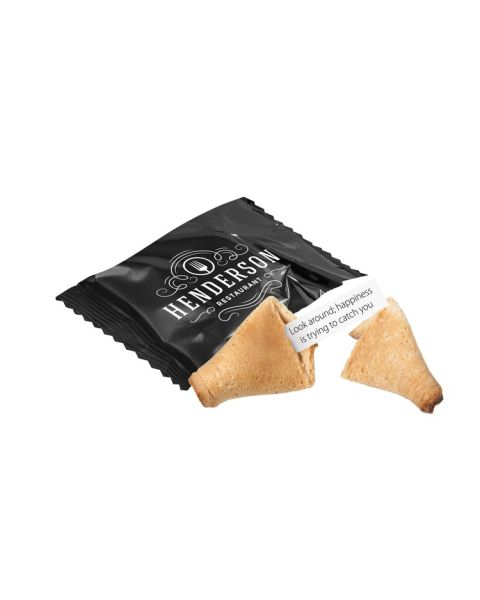 Vegan halal fortune cookie in black foil with promotional print