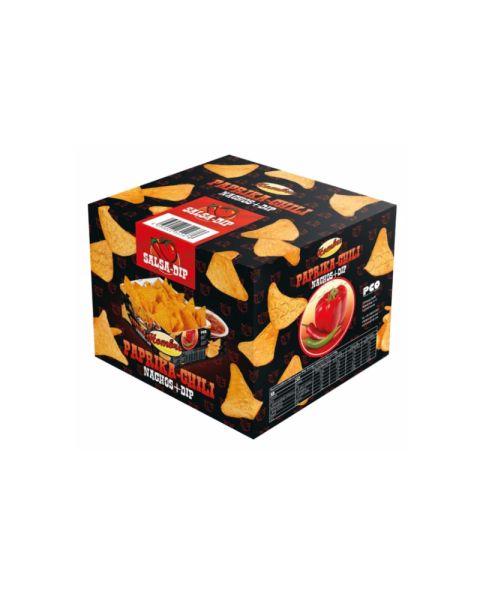 Paprika-chilli nachos with spicy salsa dip in portion box with promotional slipcase