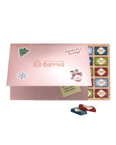 Premium Tisch-Adventskalender Flip Cover Querformat mit Sarotti Schokoladentäfelchen und Papier-Inlay