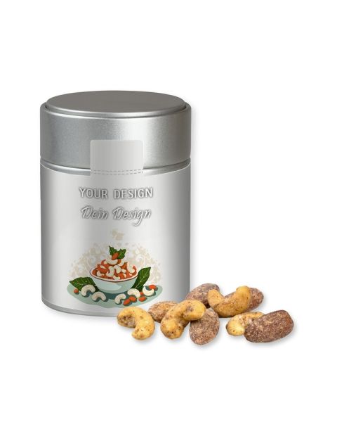 Organic cinnamon almond vanilla cashew mix in silver midi metal tin with promotional sleeve