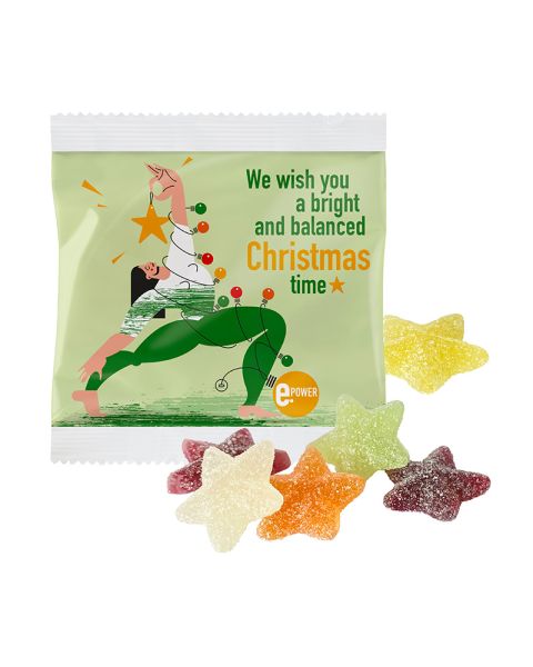 16 g vegane Weihnachtsgelee-Sterne im kompostierbaren Werbetütchen mit Logodruck